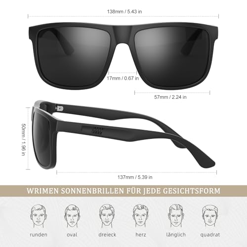 Wrimen Sonnenbrille Herren-Polarisiert-UV400 Schutz-Mode-Retro-Unisex-Ultraleicht-Sonnenbrillen-Klassisch Rechteckig-Outdoor Sport Brille für Fahren Reise Angeln Schwarz