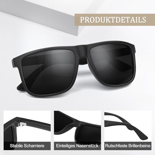 Wrimen Sonnenbrille Herren-Polarisiert-UV400 Schutz-Mode-Retro-Unisex-Ultraleicht-Sonnenbrillen-Klassisch Rechteckig-Outdoor Sport Brille für Fahren Reise Angeln Schwarz
