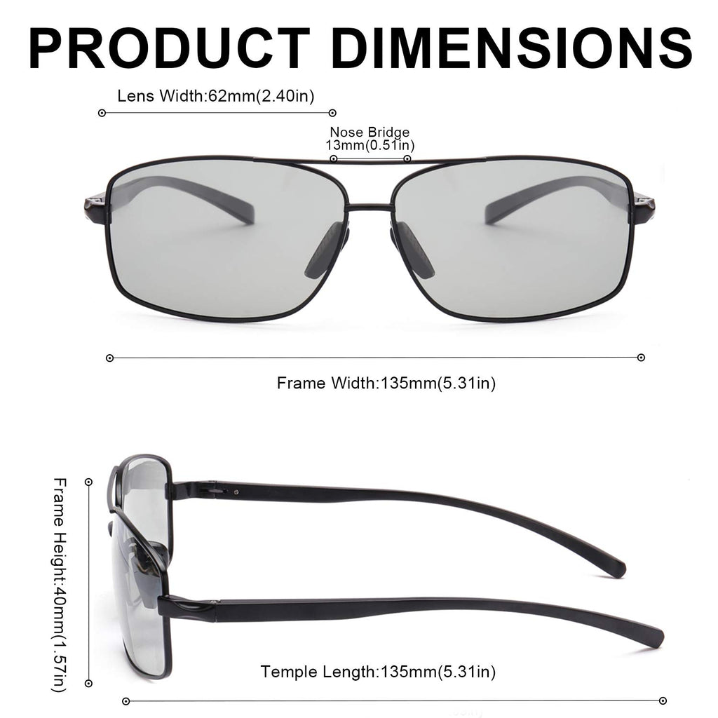TJUTR Selbsttönende Sonnenbrille Herren Polarisierte Adaptive Sonnenbrille Metall Rechteckige Gläser UV400 Blendschutz Brille für Autofahrer Schwarz