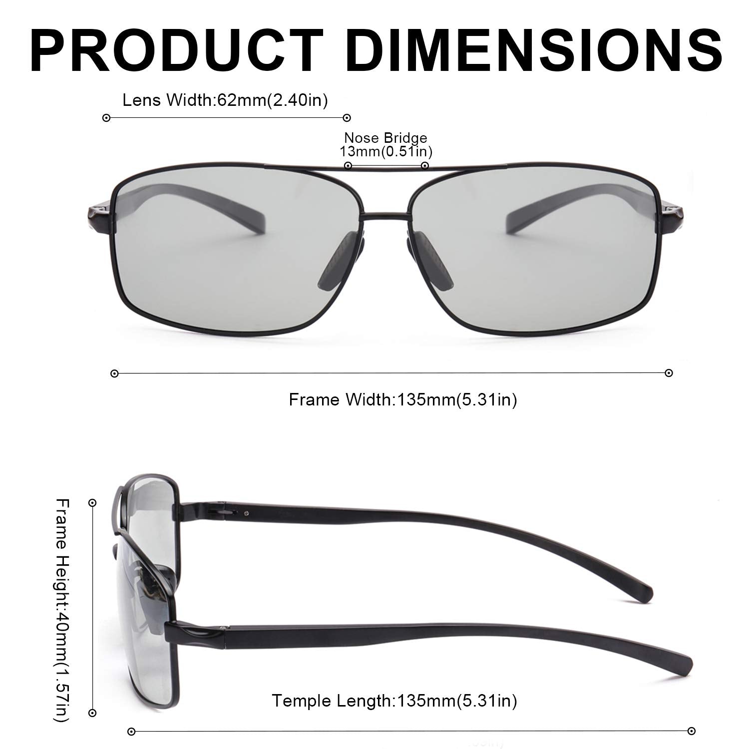 TJUTR Selbsttönende Sonnenbrille Herren Polarisierte Adaptive Sonnenbrille Metall Rechteckige Gläser UV400 Blendschutz Brille für Autofahrer Schwarz