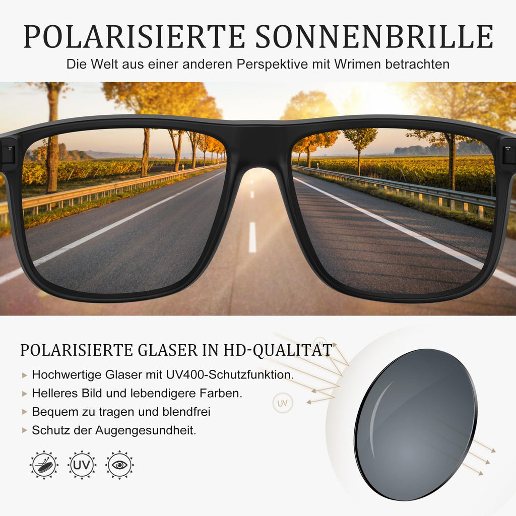 Wrimen Sonnenbrille Herren-Polarisiert-UV400 Schutz-Mode-Retro-Unisex-Ultraleicht-Sonnenbrillen-Klassisch Rechteckig-Outdoor Sport Brille für Fahren Reise Angeln Schwarz