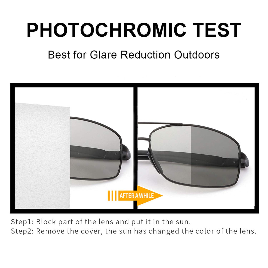 TJUTR Selbsttönende Sonnenbrille Herren Polarisierte Adaptive Sonnenbrille Metall Rechteckige Gläser UV400 Blendschutz Brille für Autofahrer Schwarz
