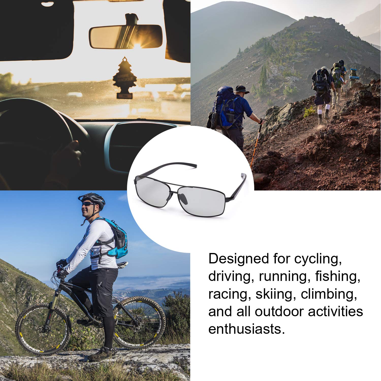TJUTR Selbsttönende Sonnenbrille Herren Polarisierte Adaptive Sonnenbrille Metall Rechteckige Gläser UV400 Blendschutz Brille für Autofahrer Schwarz